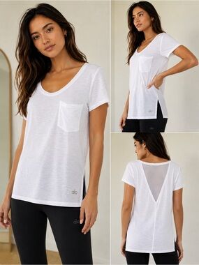 Alo Yoga White Pocket Tee Mesh Back Ultra Soft Lightweight Size S